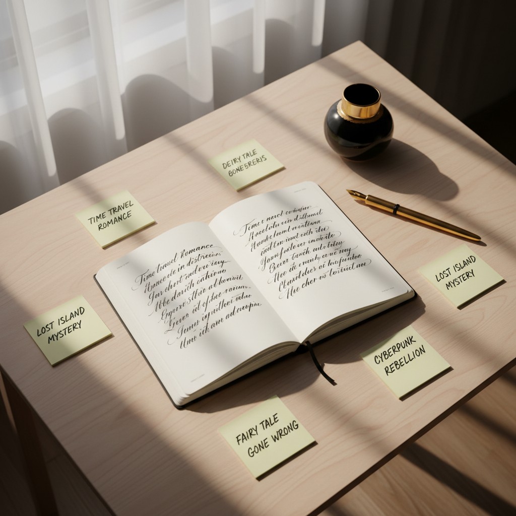 A collection of retro literature genres is displayed: fairy-tale, cyberpunk, mystery, lost island mystery, romance, dystop...