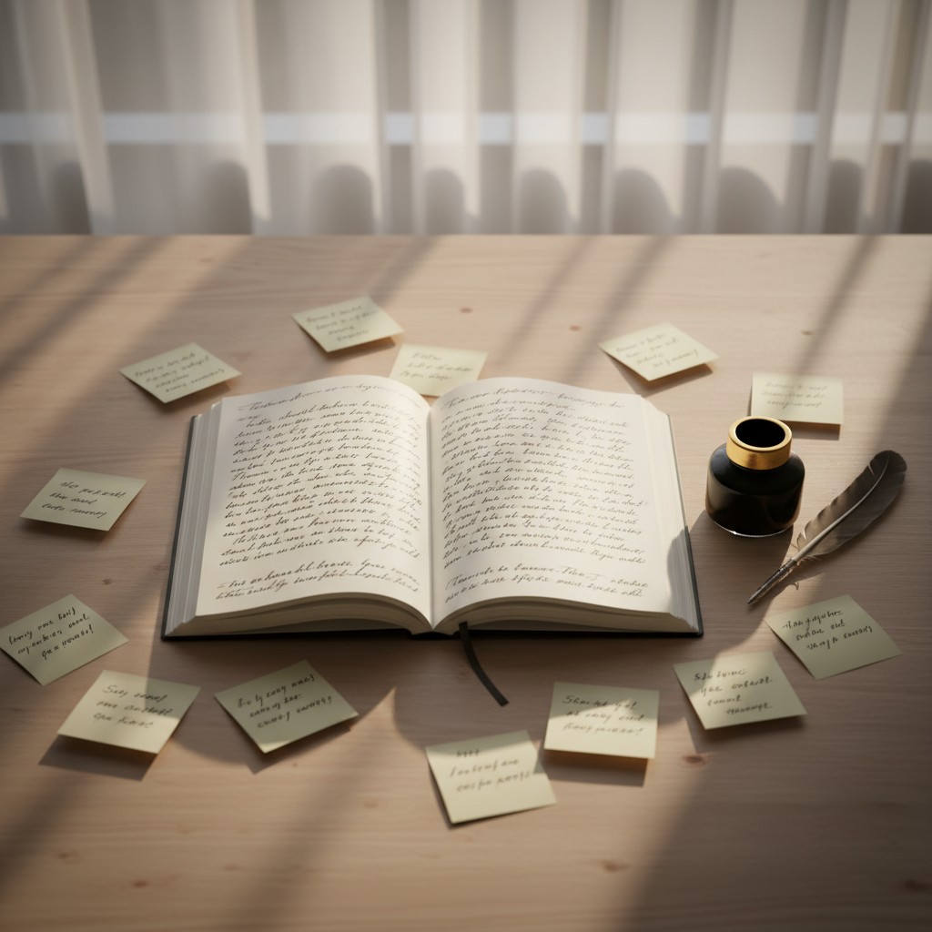 Book, feather quill, ink pad, and post-it note with handwritten text scattered on a wooden table.