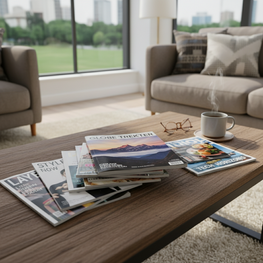 a display of magazines on a coffee table